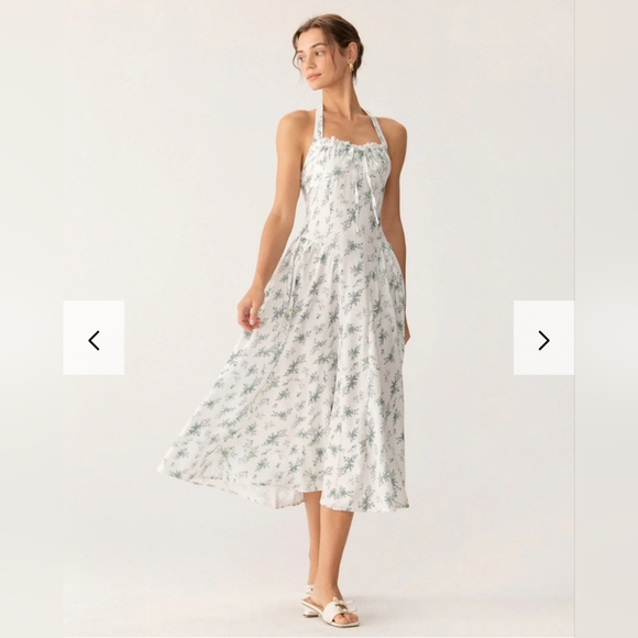 NWT Rihoas Green Floral Ruched Lace Halter Midi Dress, Medium - Picture 3 of 17